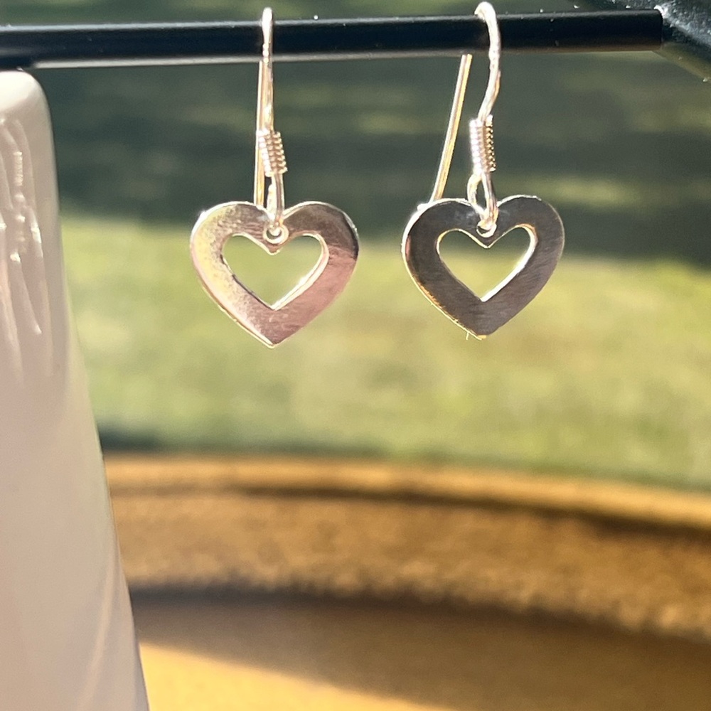 Open Heart Dangle Earrings Minimalist Silver Tone